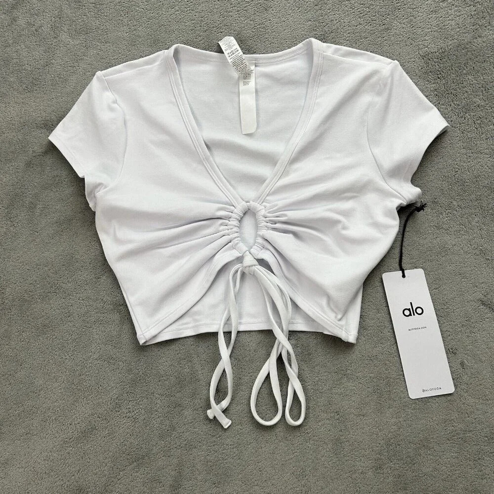 Alo Yoga Top Womens Small Airbrush Criss Cross Short Sleeve Shirt White